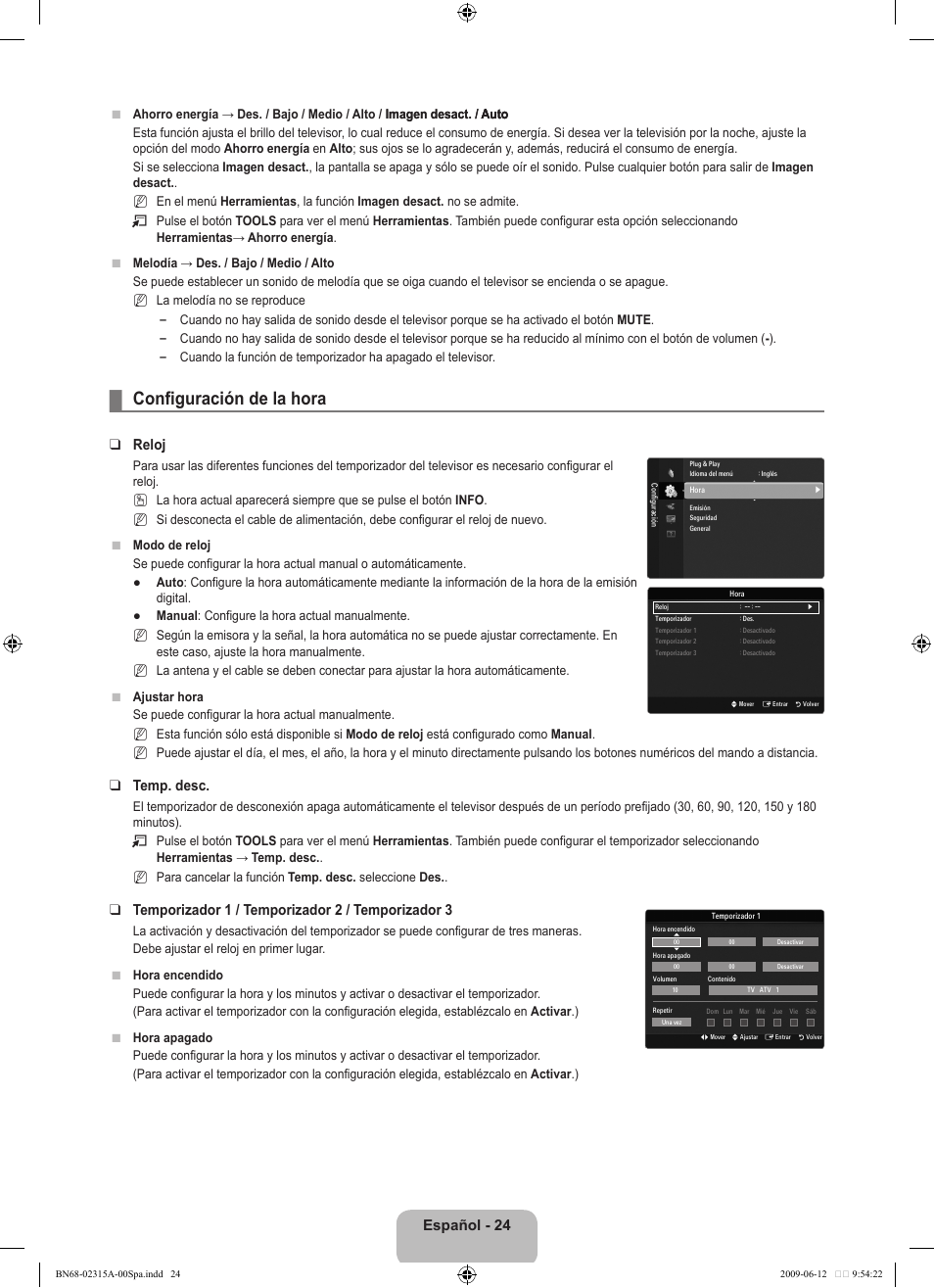 Configuración de la hora, Español - 24, Reloj | Temp. desc, Temporizador 1 / temporizador 2 / temporizador 3 | Samsung LE32B553M3W User Manual | Page 256 / 422