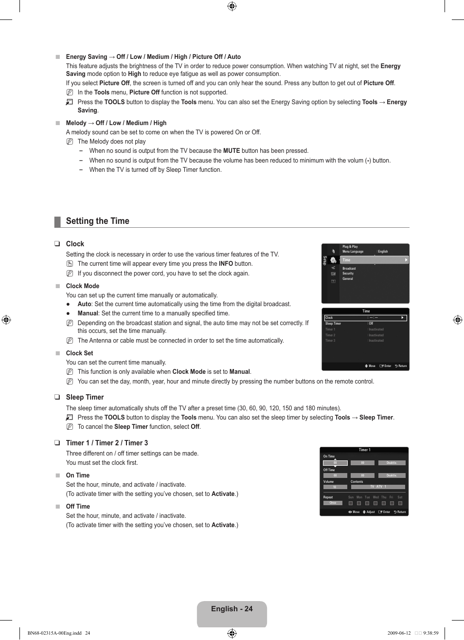 Setting the time, English - 24, Clock | Sleep timer, Timer 1 / timer 2 / timer 3 | Samsung LE32B553M3W User Manual | Page 26 / 422