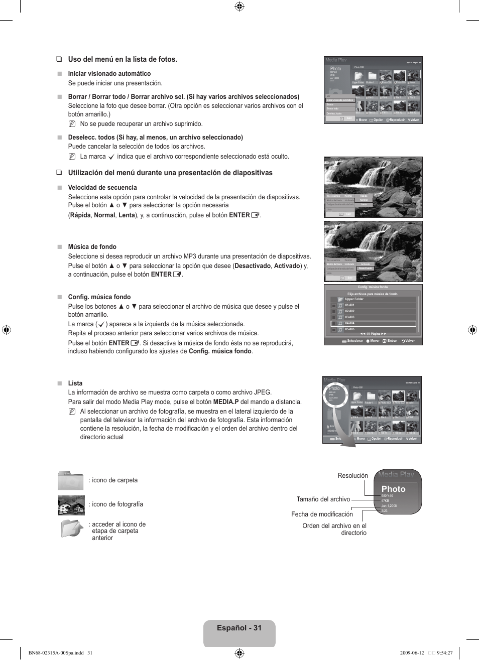 Photo, Español - 31 uso del menú en la lista de fotos | Samsung LE32B553M3W User Manual | Page 263 / 422
