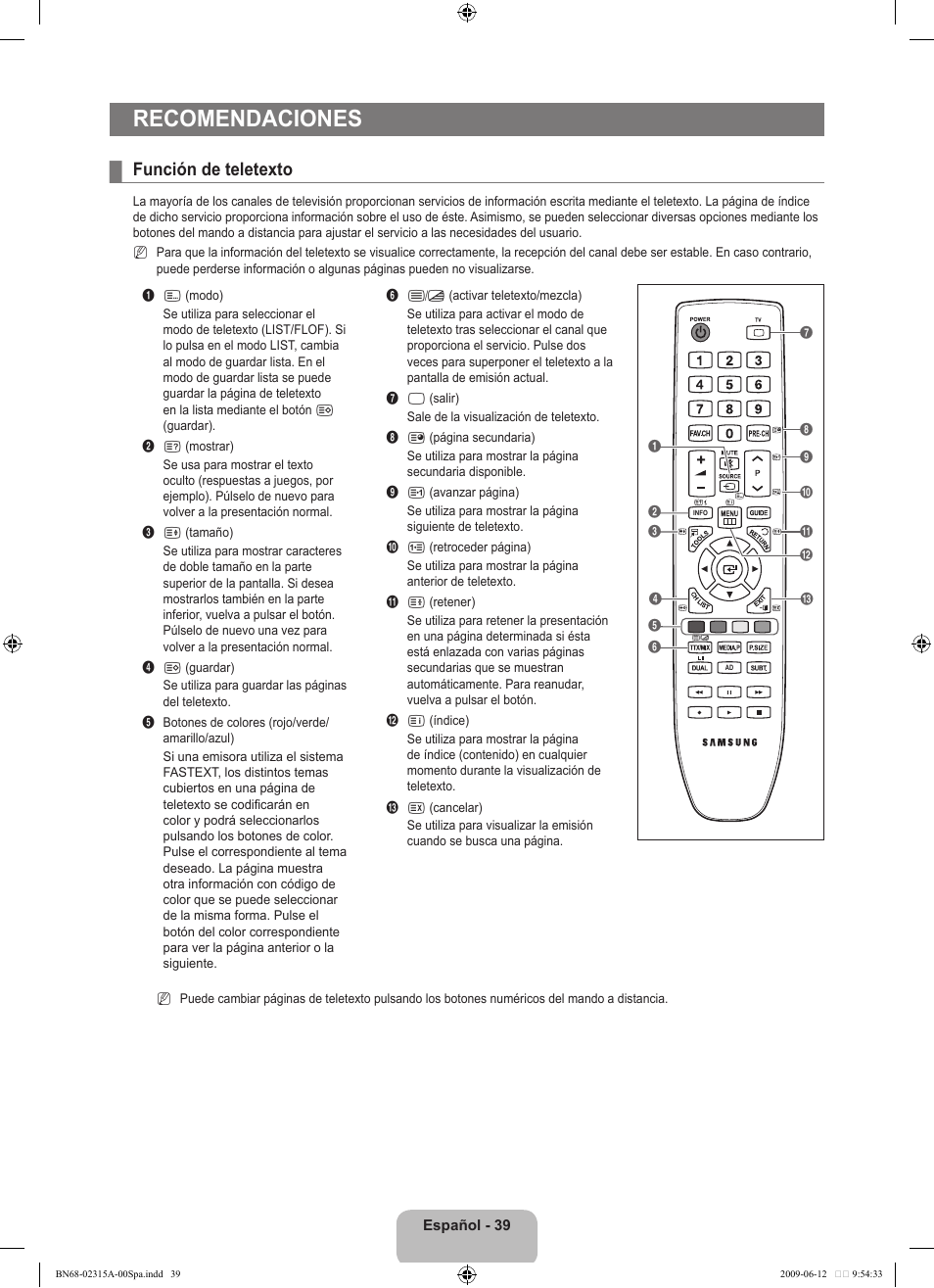 Recomendaciones, Función de teletexto | Samsung LE32B553M3W User Manual | Page 271 / 422