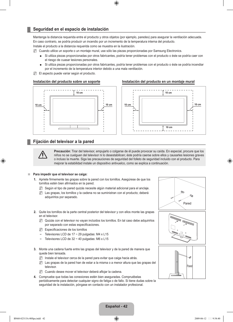 Seguridad en el espacio de instalación, Fijación del televisor a la pared | Samsung LE32B553M3W User Manual | Page 274 / 422