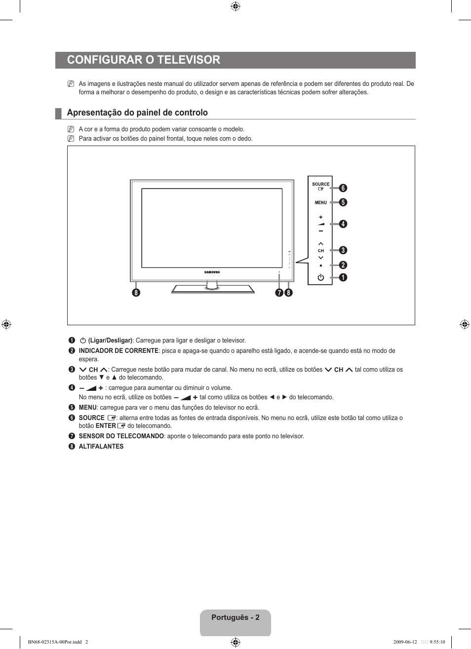 Configurar o televisor, Apresentação do painel de controlo | Samsung LE32B553M3W User Manual | Page 280 / 422