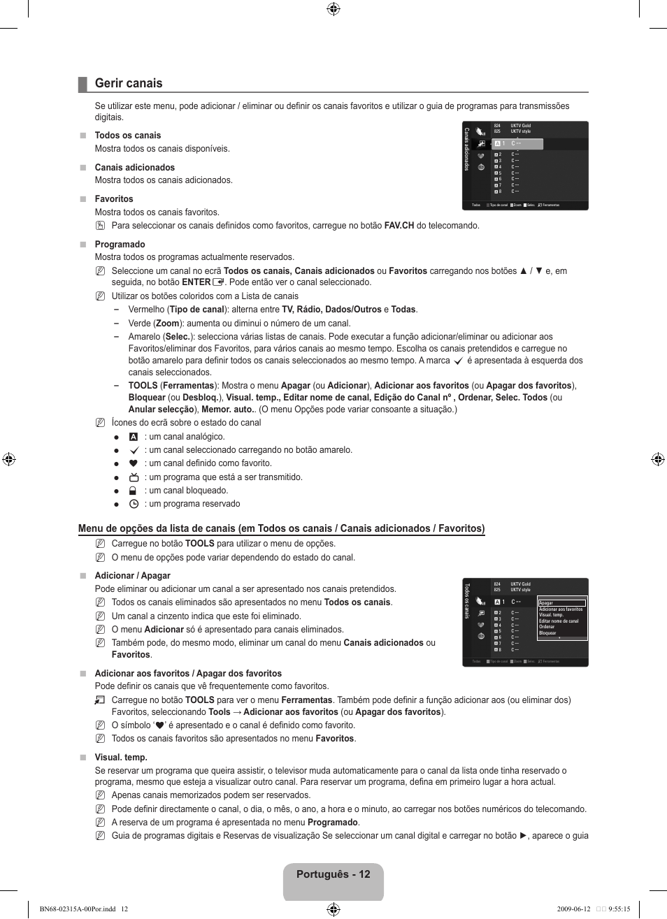 Gerir canais, Português - 12 | Samsung LE32B553M3W User Manual | Page 290 / 422