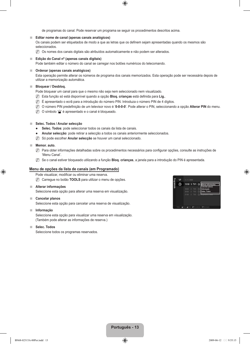 Português - 13, Menu de opções da lista de canais (em programado) | Samsung LE32B553M3W User Manual | Page 291 / 422