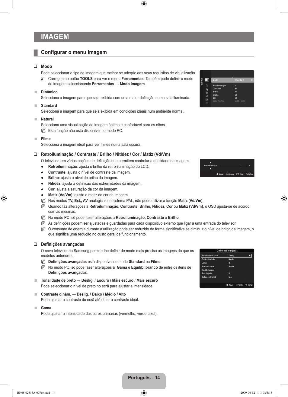 Imagem, Configurar o menu imagem, Português - 14 | Modo, Definições avançadas | Samsung LE32B553M3W User Manual | Page 292 / 422