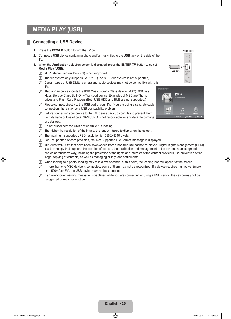 Media play (usb), Connecting a usb device | Samsung LE32B553M3W User Manual | Page 30 / 422
