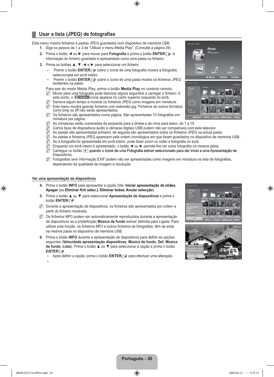 Usar a lista (jpeg) de fotografias, Português - 30 | Samsung LE32B553M3W User Manual | Page 308 / 422