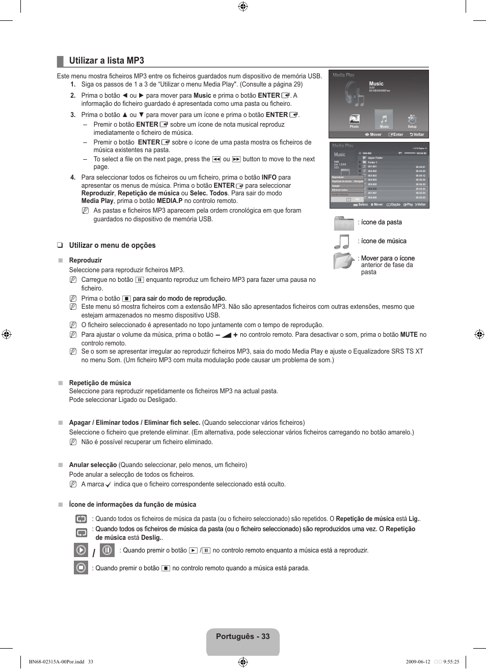 Utilizar a lista mp3, Português - 33, Utilizar o menu de opções | Samsung LE32B553M3W User Manual | Page 311 / 422