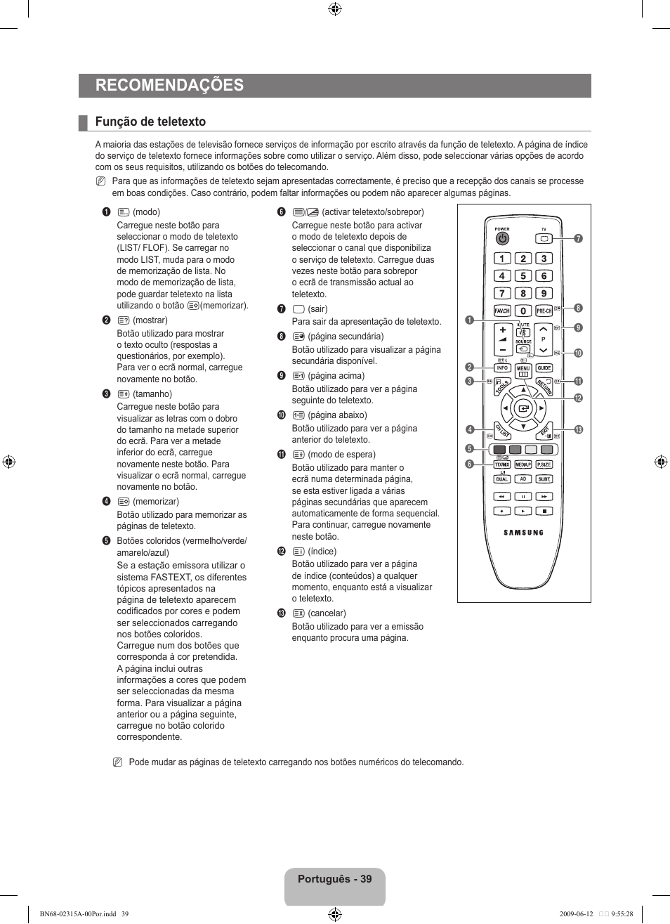 Recomendações, Função de teletexto | Samsung LE32B553M3W User Manual | Page 317 / 422