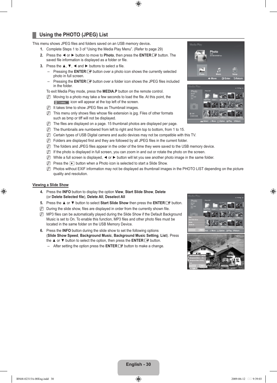 Using the photo (jpeg) list, English - 30 | Samsung LE32B553M3W User Manual | Page 32 / 422