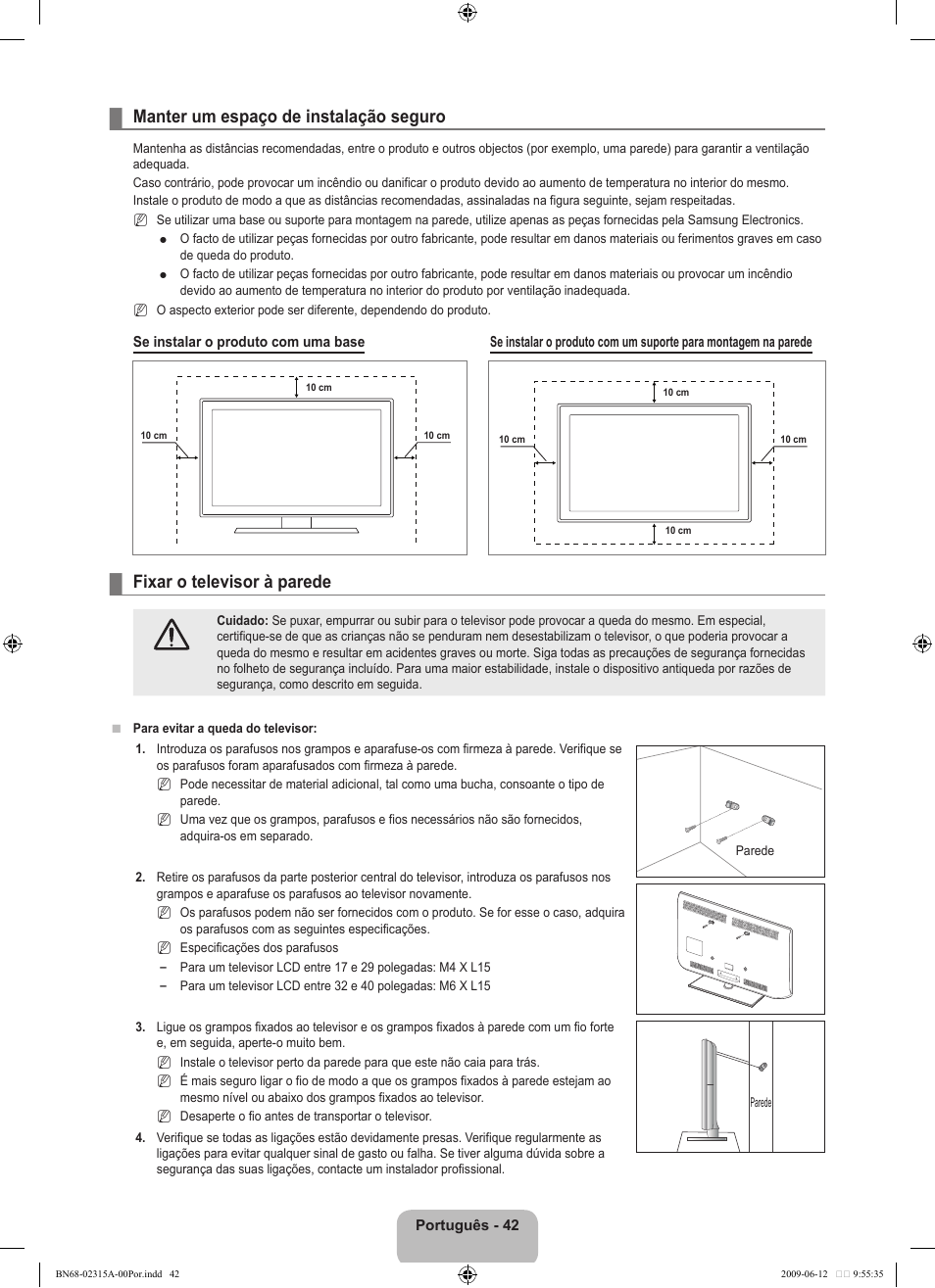 Manter um espaço de instalação seguro, Fixar o televisor à parede | Samsung LE32B553M3W User Manual | Page 320 / 422