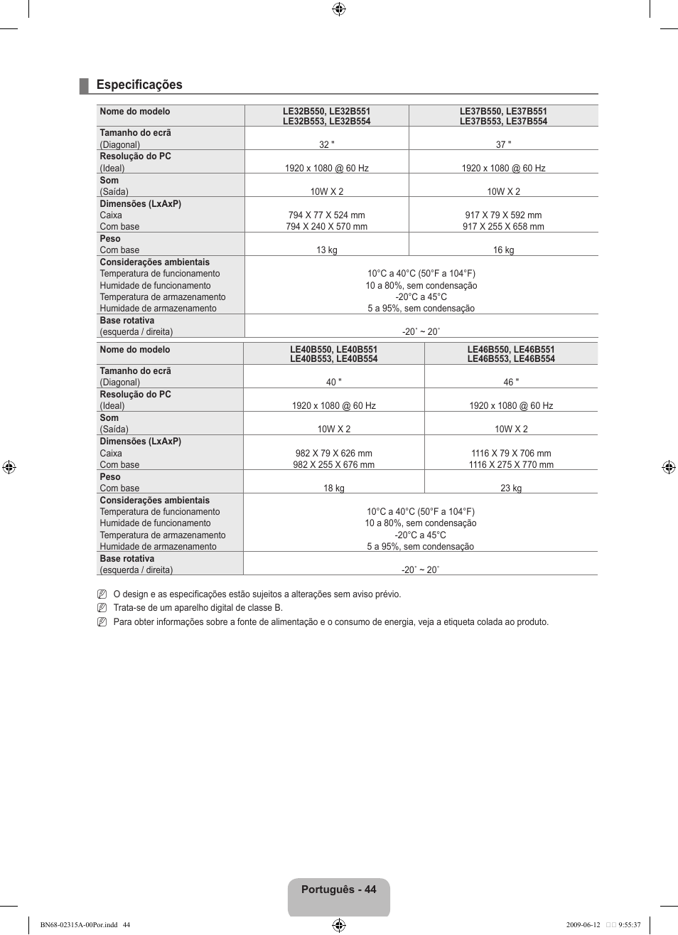 Especificações | Samsung LE32B553M3W User Manual | Page 322 / 422