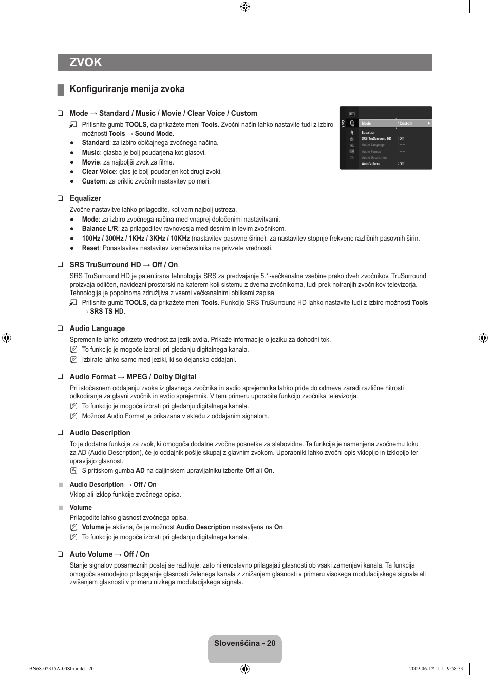 Zvok, Konfiguriranje menija zvoka | Samsung LE32B553M3W User Manual | Page 344 / 422