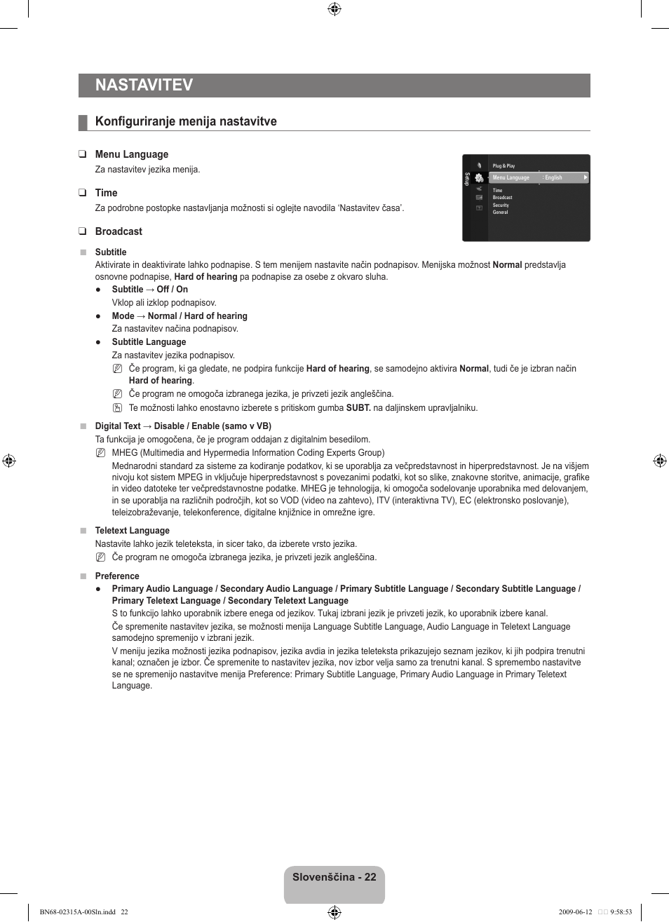 Nastavitev, Konfiguriranje menija nastavitve | Samsung LE32B553M3W User Manual | Page 346 / 422