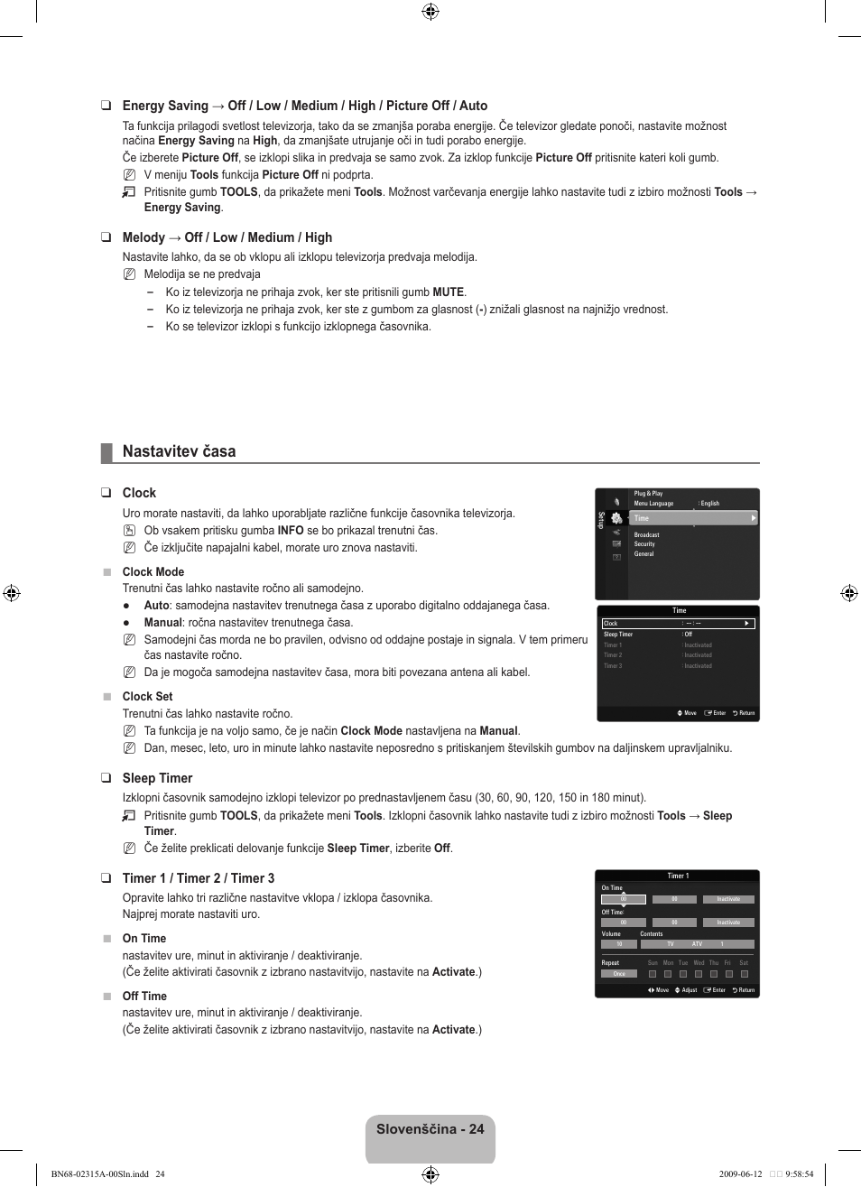 Nastavitev časa, Melody → off / low / medium / high, Clock | Sleep timer, Timer 1 / timer 2 / timer 3 | Samsung LE32B553M3W User Manual | Page 348 / 422