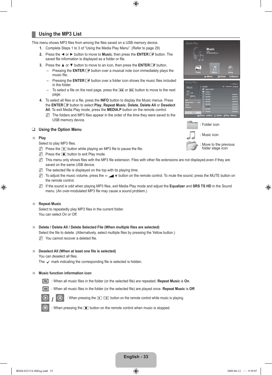 Using the mp3 list, English - 33, Using the option menu | Samsung LE32B553M3W User Manual | Page 35 / 422