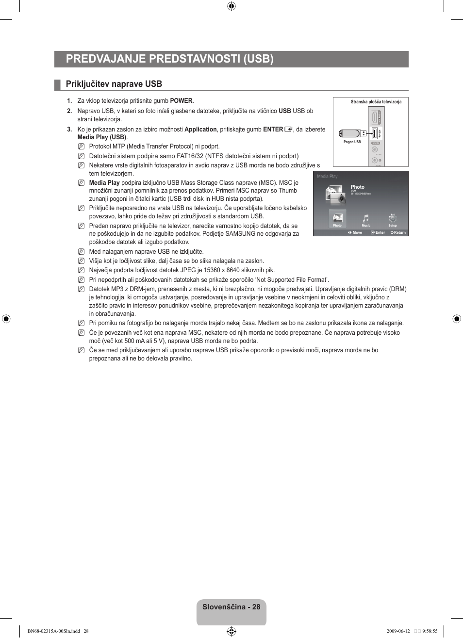 Predvajanje predstavnosti (usb), Priključitev naprave usb | Samsung LE32B553M3W User Manual | Page 352 / 422