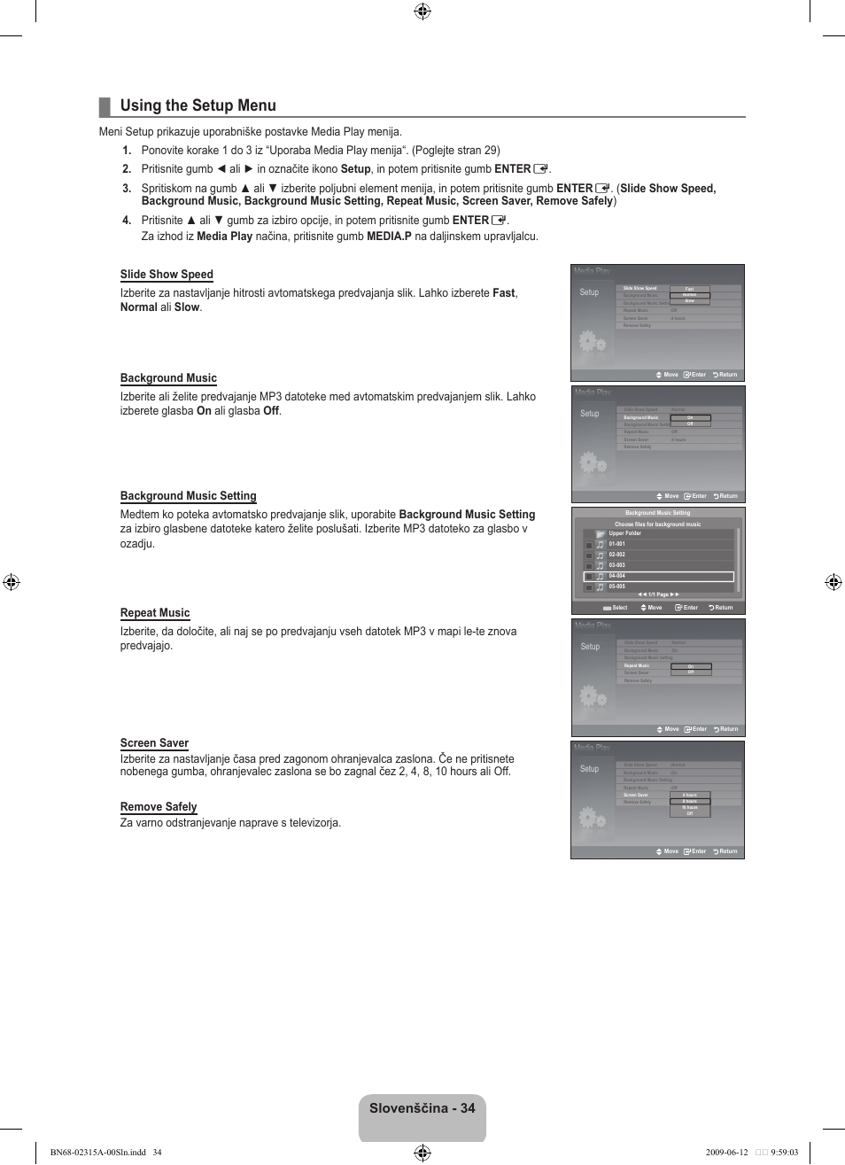 Using the setup menu, Slovenščina | Samsung LE32B553M3W User Manual | Page 358 / 422