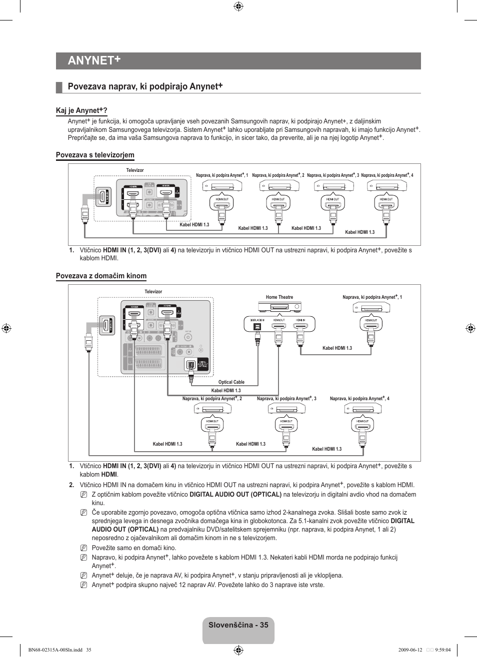 Anynet, Povezava naprav, ki podpirajo anynet | Samsung LE32B553M3W User Manual | Page 359 / 422