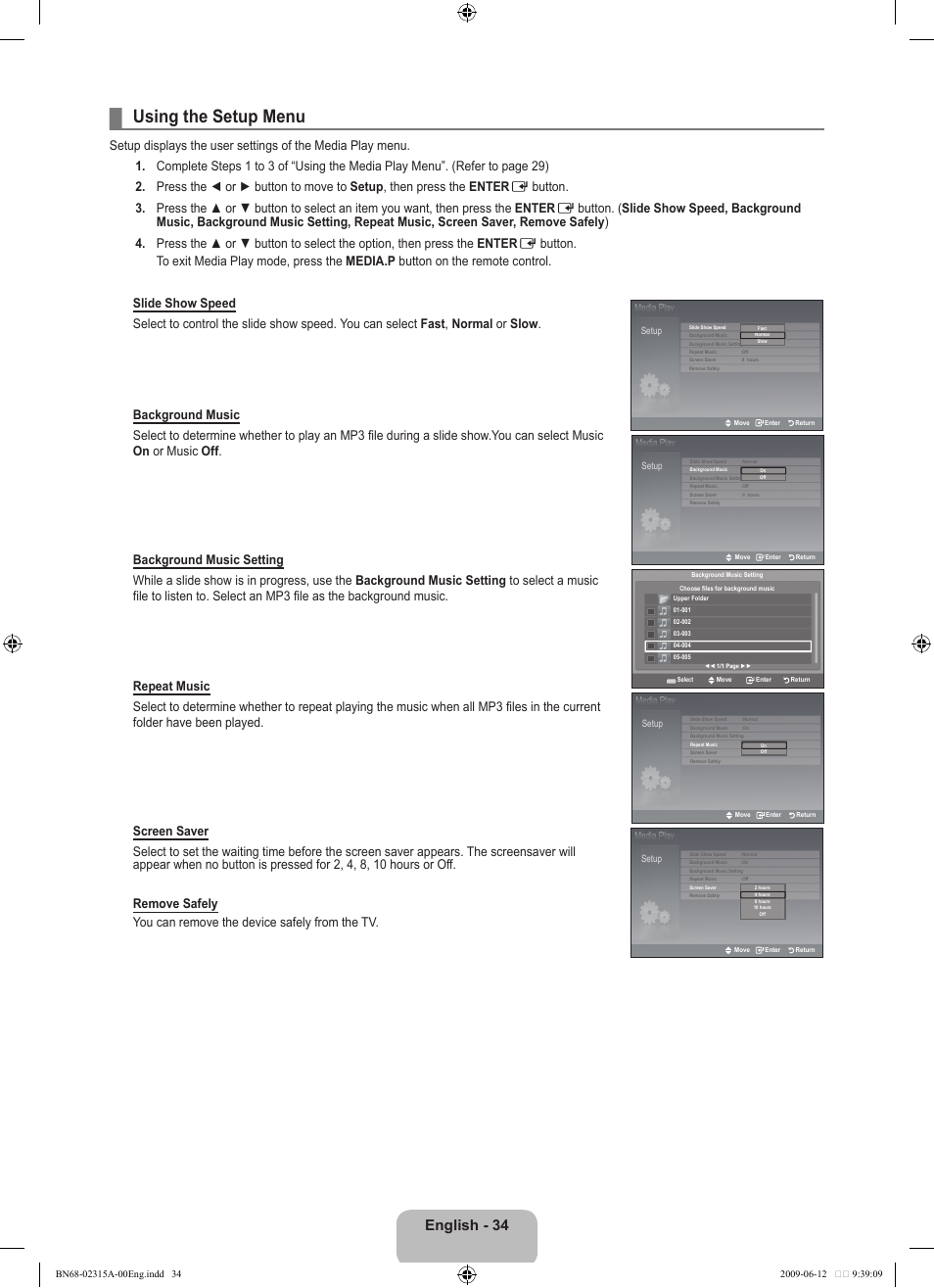 Using the setup menu, English - 34 | Samsung LE32B553M3W User Manual | Page 36 / 422