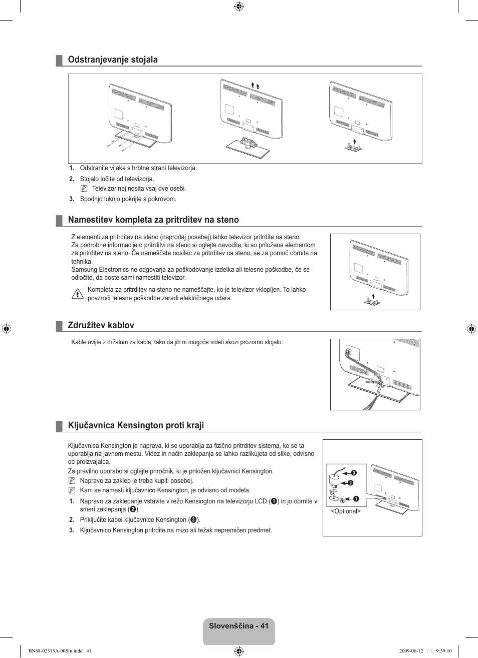 Odstranjevanje stojala, Namestitev kompleta za pritrditev na steno, Združitev kablov | Ključavnica kensington proti kraji | Samsung LE32B553M3W User Manual | Page 365 / 422