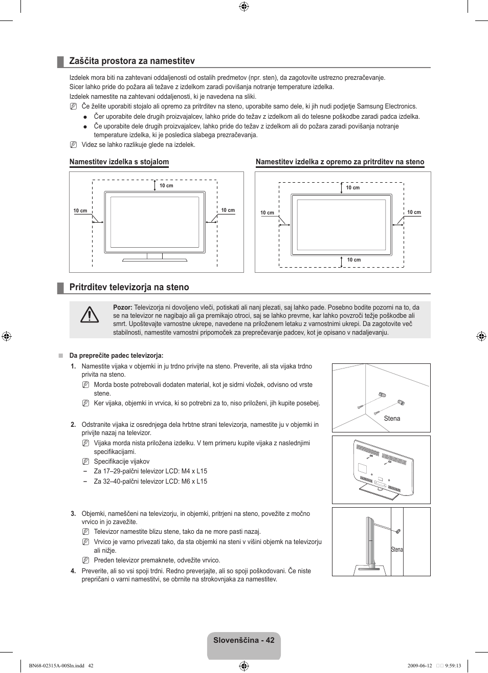 Zaščita prostora za namestitev, Pritrditev televizorja na steno | Samsung LE32B553M3W User Manual | Page 366 / 422
