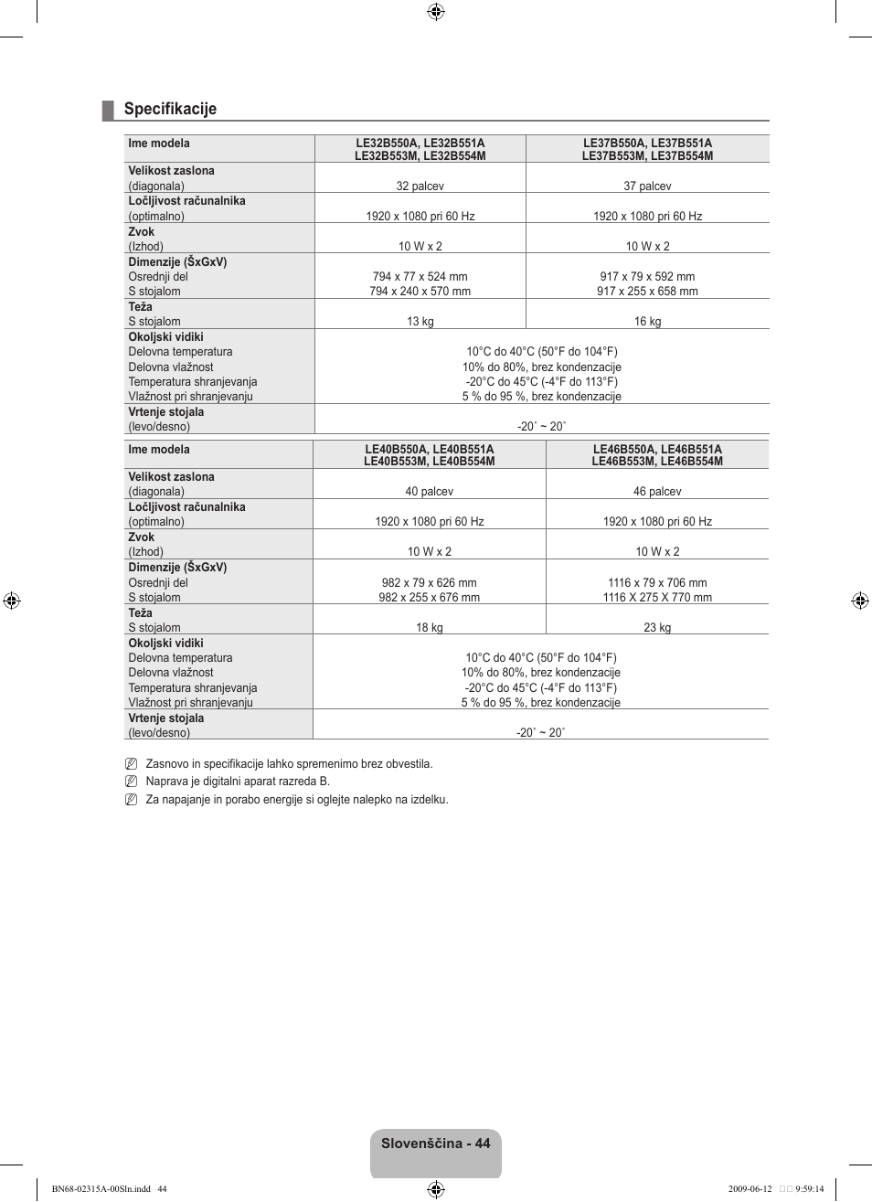 Specifikacije | Samsung LE32B553M3W User Manual | Page 368 / 422