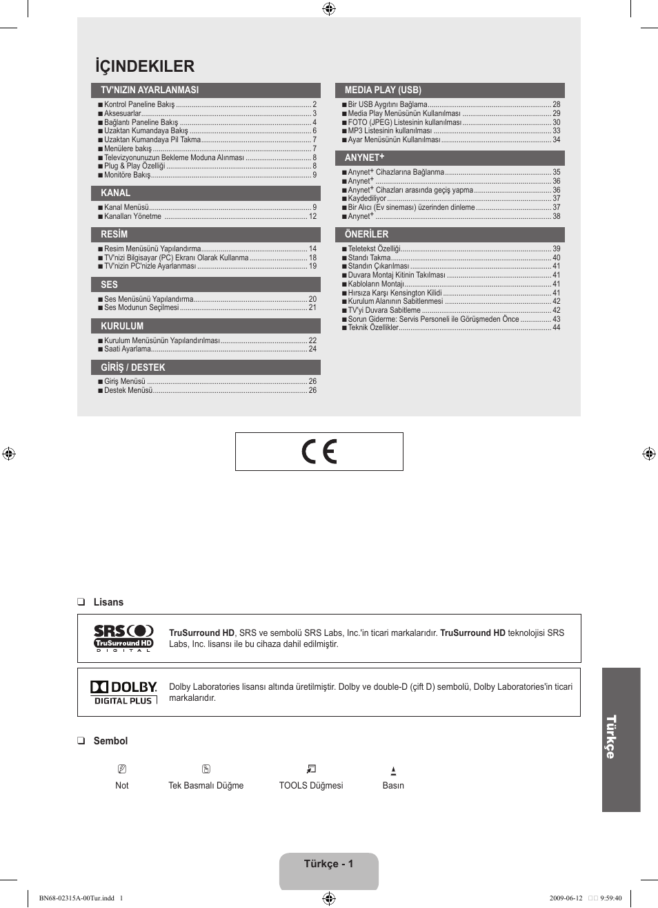 Içindekiler, Tür kçe | Samsung LE32B553M3W User Manual | Page 371 / 422