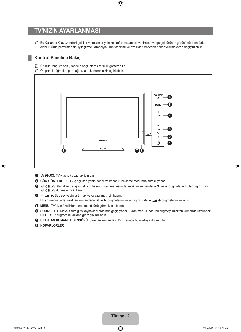 Tv'nizin ayarlanmasi, Kontrol paneline bakış | Samsung LE32B553M3W User Manual | Page 372 / 422