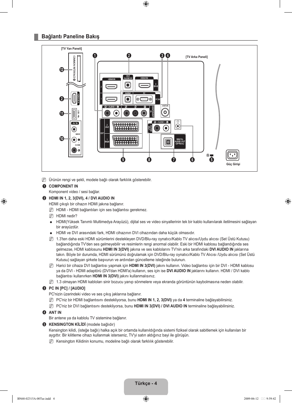 Bağlantı paneline bakış | Samsung LE32B553M3W User Manual | Page 374 / 422