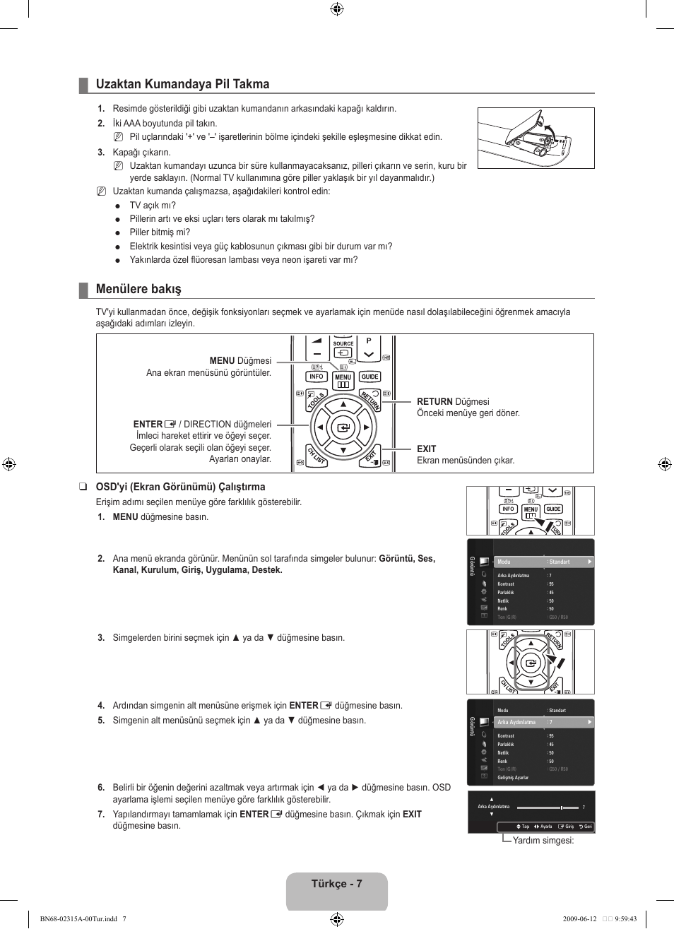 Operation, Uzaktan kumandaya pil takma, Menülere bakış | Türkçe, Osd'yi (ekran görünümü) çalıştırma | Samsung LE32B553M3W User Manual | Page 377 / 422