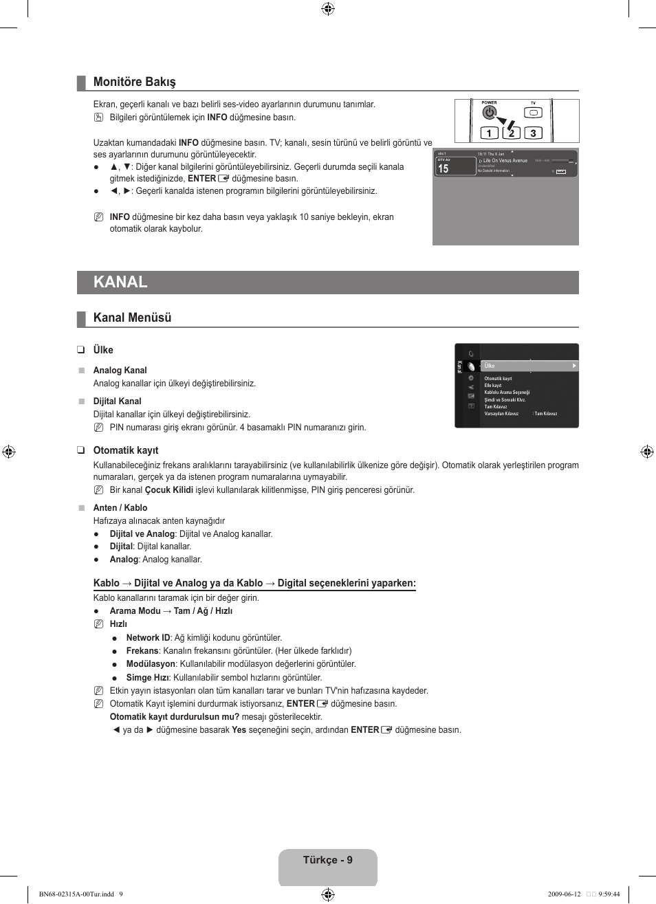 Kanal, Monitöre bakış, Kanal menüsü | Samsung LE32B553M3W User Manual | Page 379 / 422