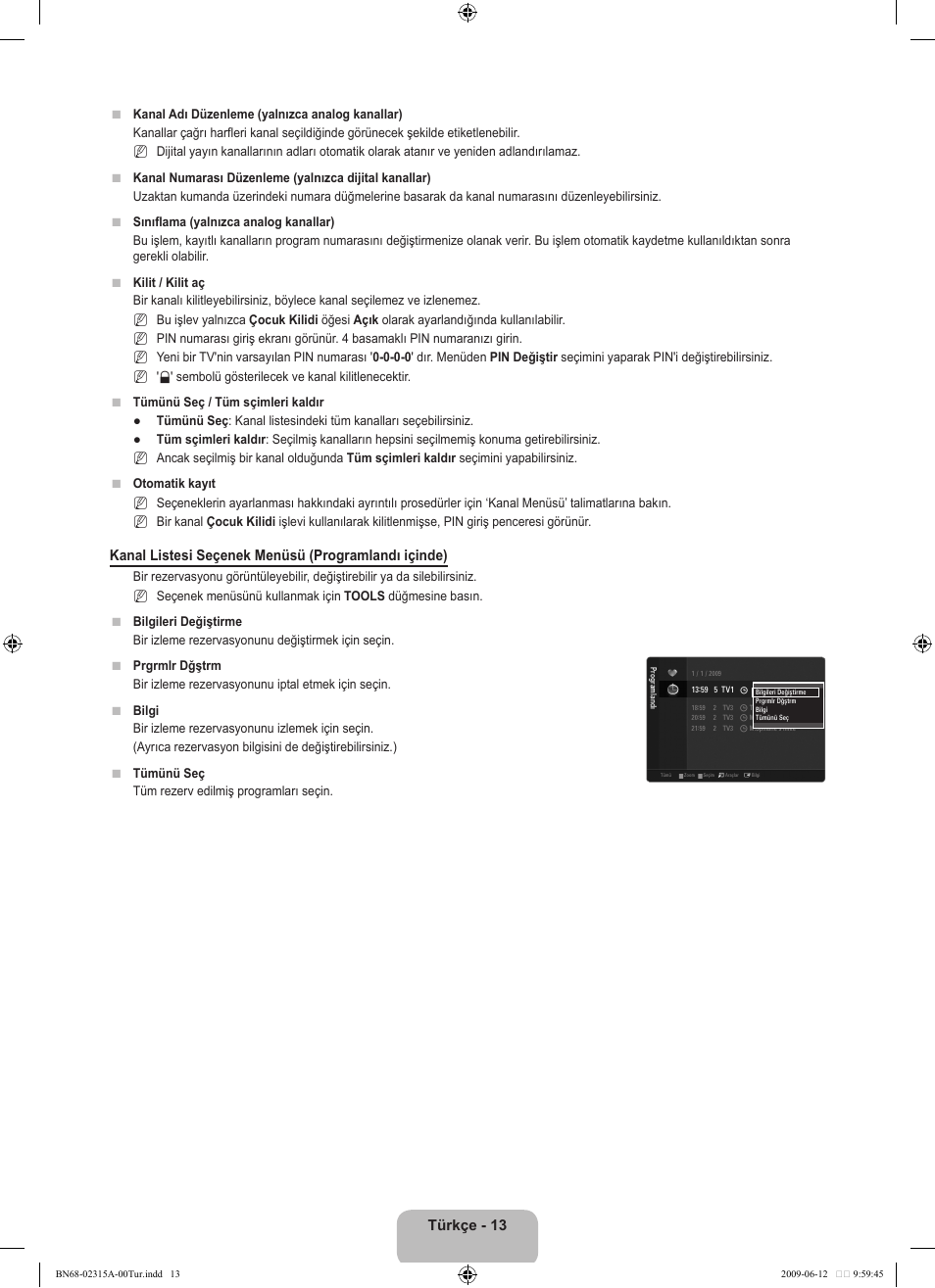 Türkçe - 13, Kanal listesi seçenek menüsü (programlandı içinde) | Samsung LE32B553M3W User Manual | Page 383 / 422