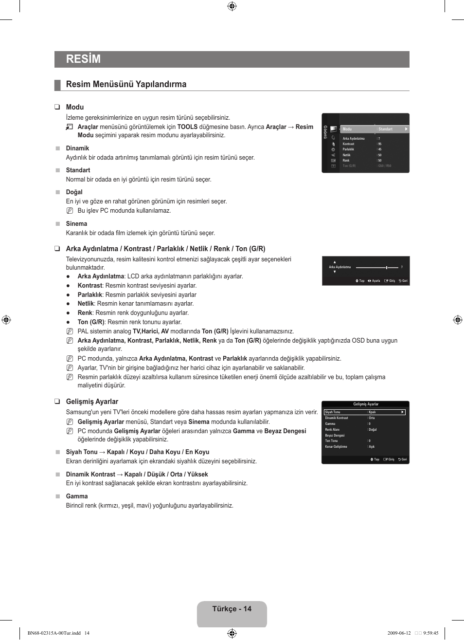 Resim, Resim menüsünü yapılandırma, Türkçe - 14 | Modu, Gelişmiş ayarlar | Samsung LE32B553M3W User Manual | Page 384 / 422