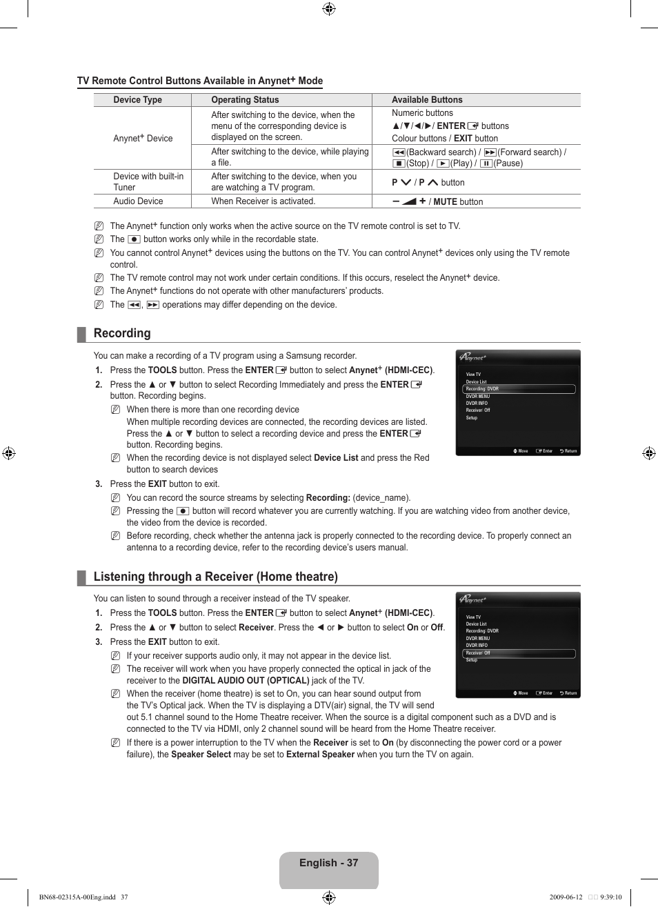 Recording, Listening through a receiver (home theatre) | Samsung LE32B553M3W User Manual | Page 39 / 422