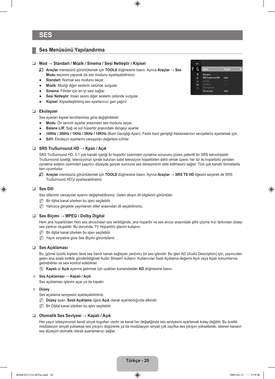 Ses menüsünü yapılandırma | Samsung LE32B553M3W User Manual | Page 390 / 422