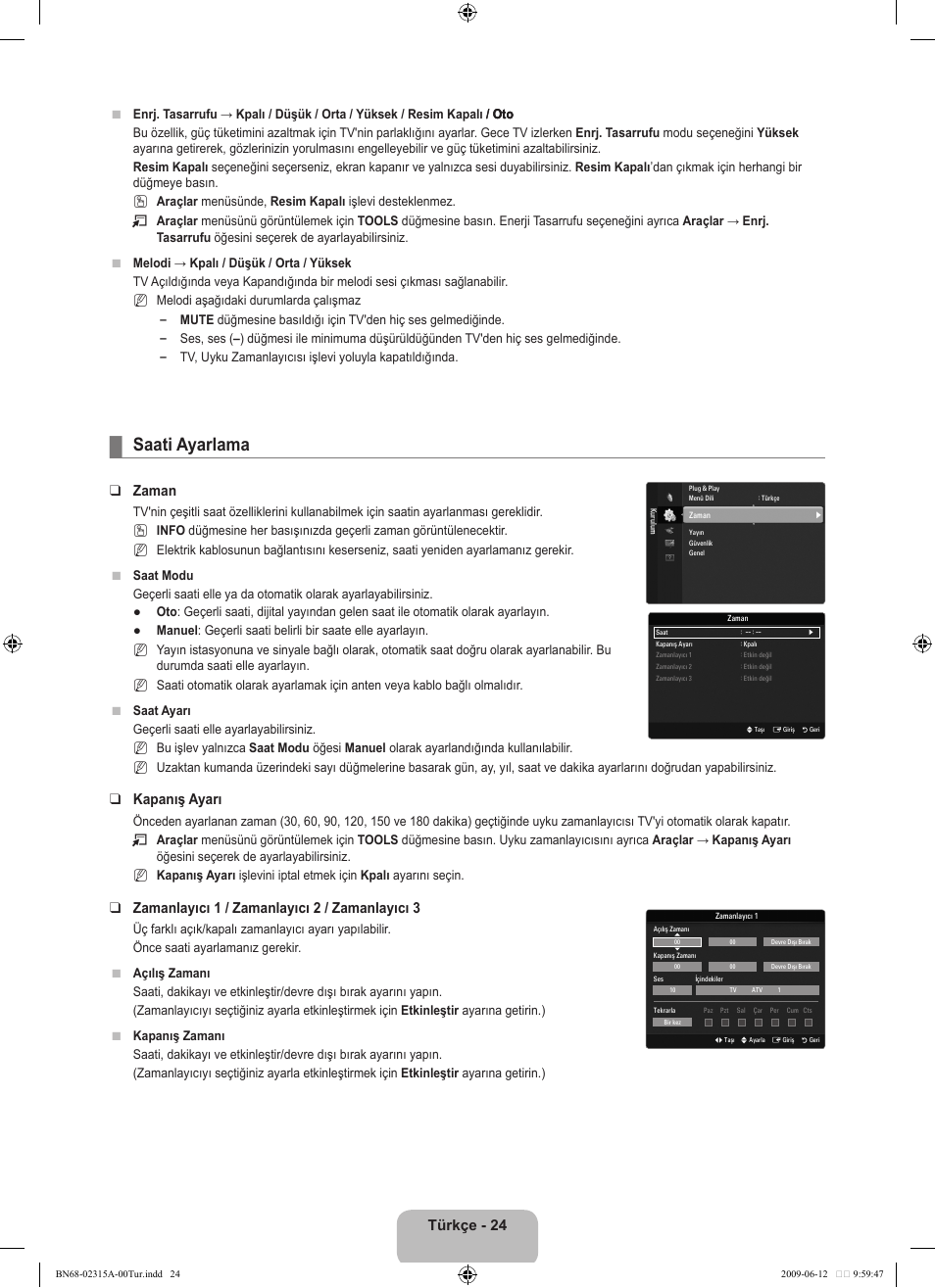 Saati ayarlama, Türkçe - 24, Zaman | Kapanış ayarı, Zamanlayıcı 1 / zamanlayıcı 2 / zamanlayıcı 3 | Samsung LE32B553M3W User Manual | Page 394 / 422