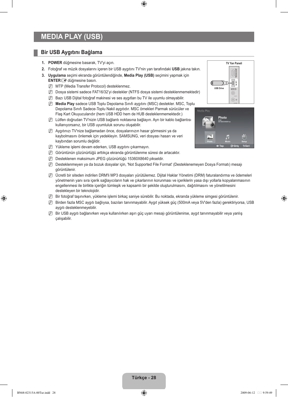 Media play (usb), Bir usb aygıtını bağlama | Samsung LE32B553M3W User Manual | Page 398 / 422