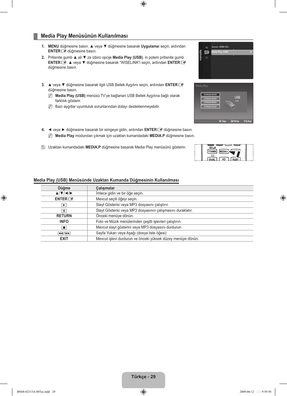 Media play menüsünün kullanılması, Türkçe - 29 | Samsung LE32B553M3W User Manual | Page 399 / 422