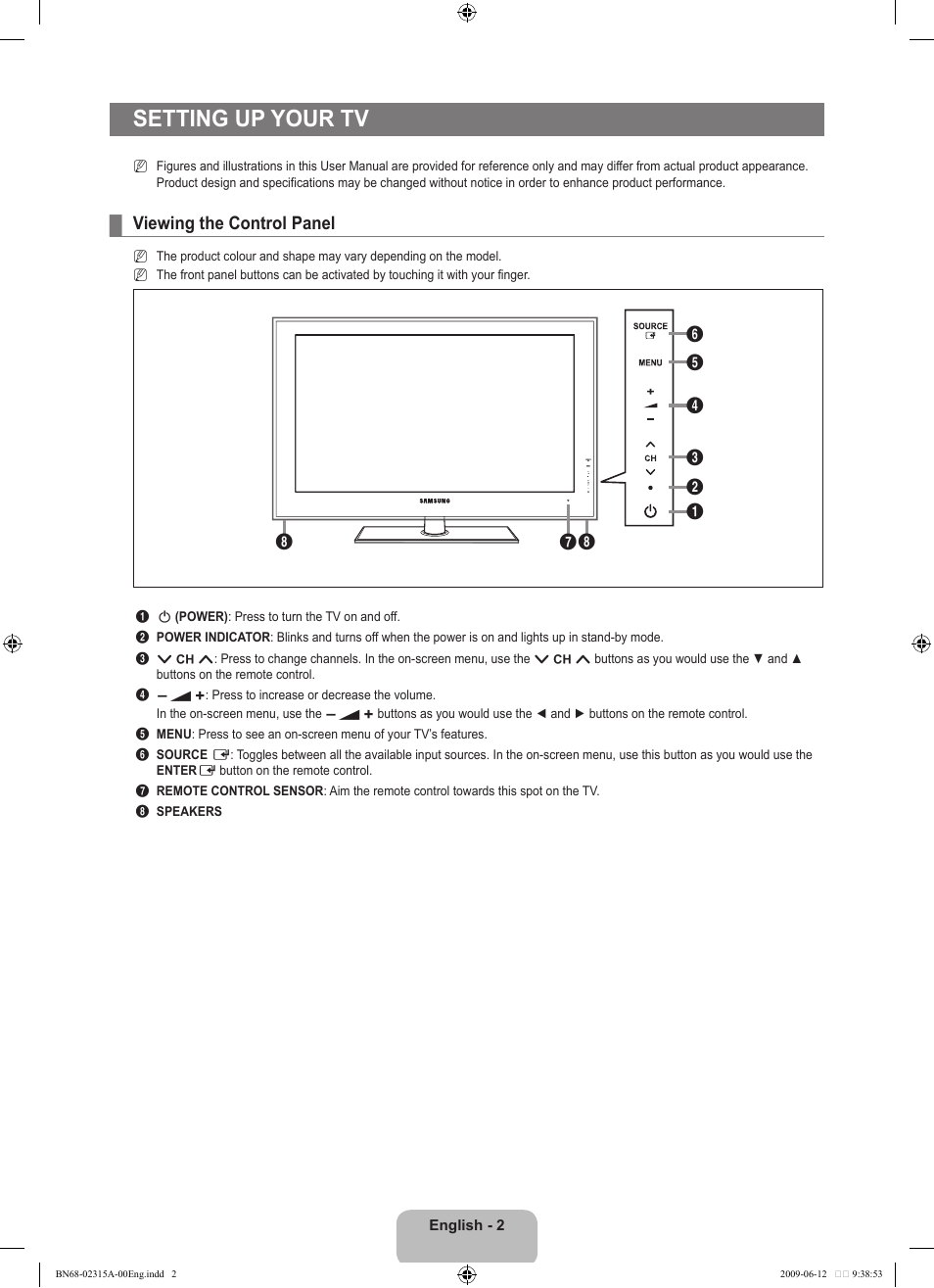 Seting up your tv, Viewing the control panel, Setting up your tv | Samsung LE32B553M3W User Manual | Page 4 / 422