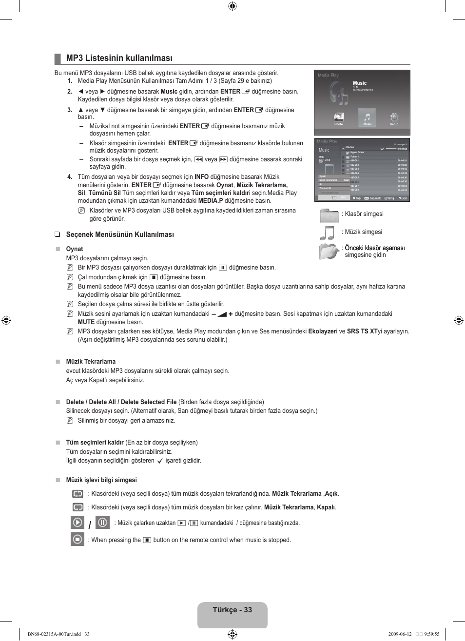 Mp3 listesinin kullanılması, Türkçe - 33, Seçenek menüsünün kullanılması | Samsung LE32B553M3W User Manual | Page 403 / 422