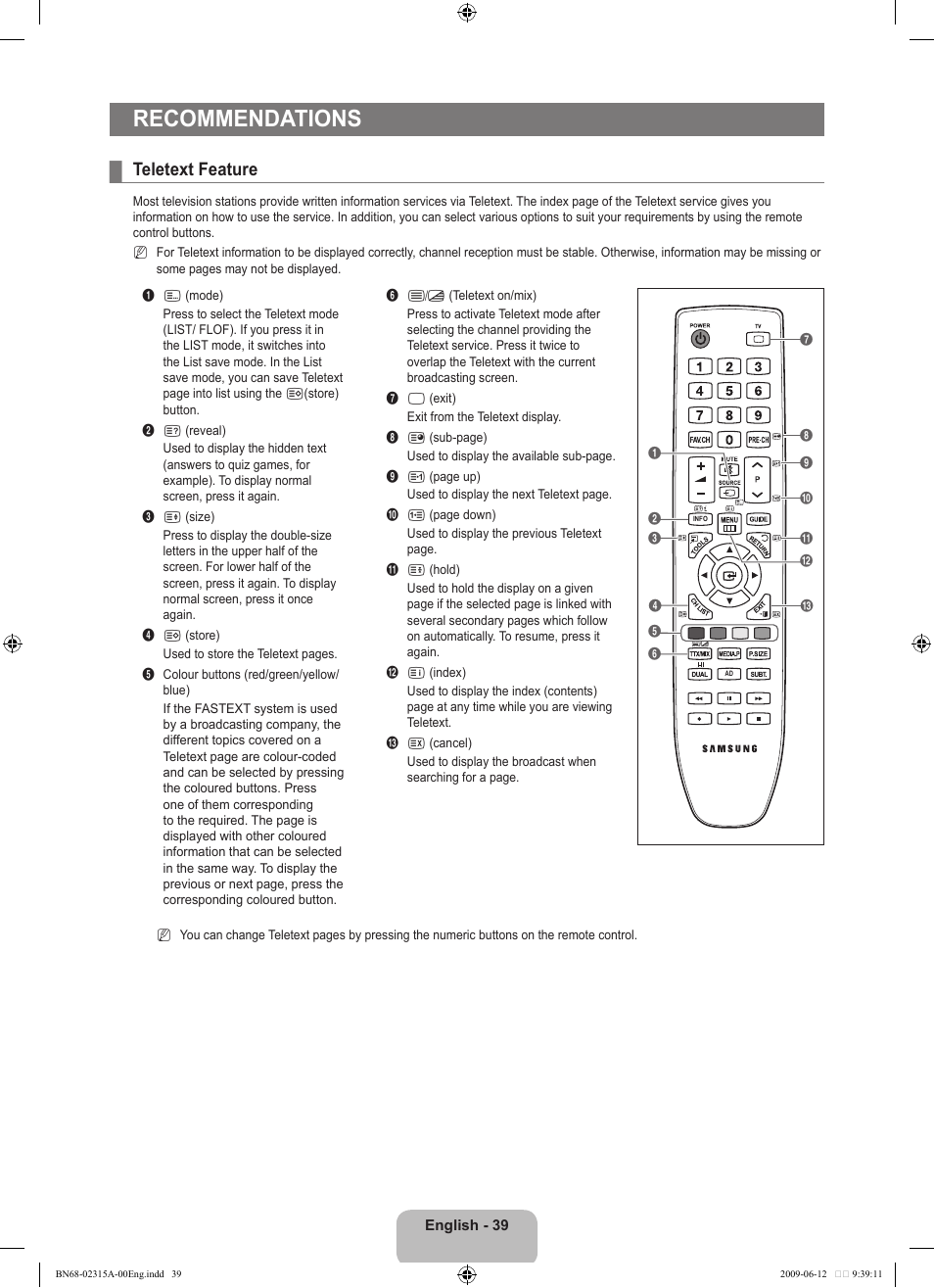 Recommendations, Teletext feature | Samsung LE32B553M3W User Manual | Page 41 / 422