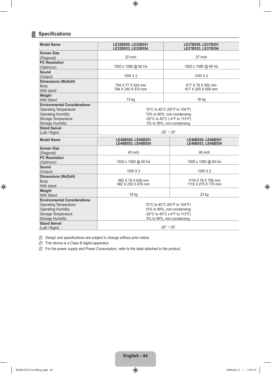 Specifications | Samsung LE32B553M3W User Manual | Page 46 / 422