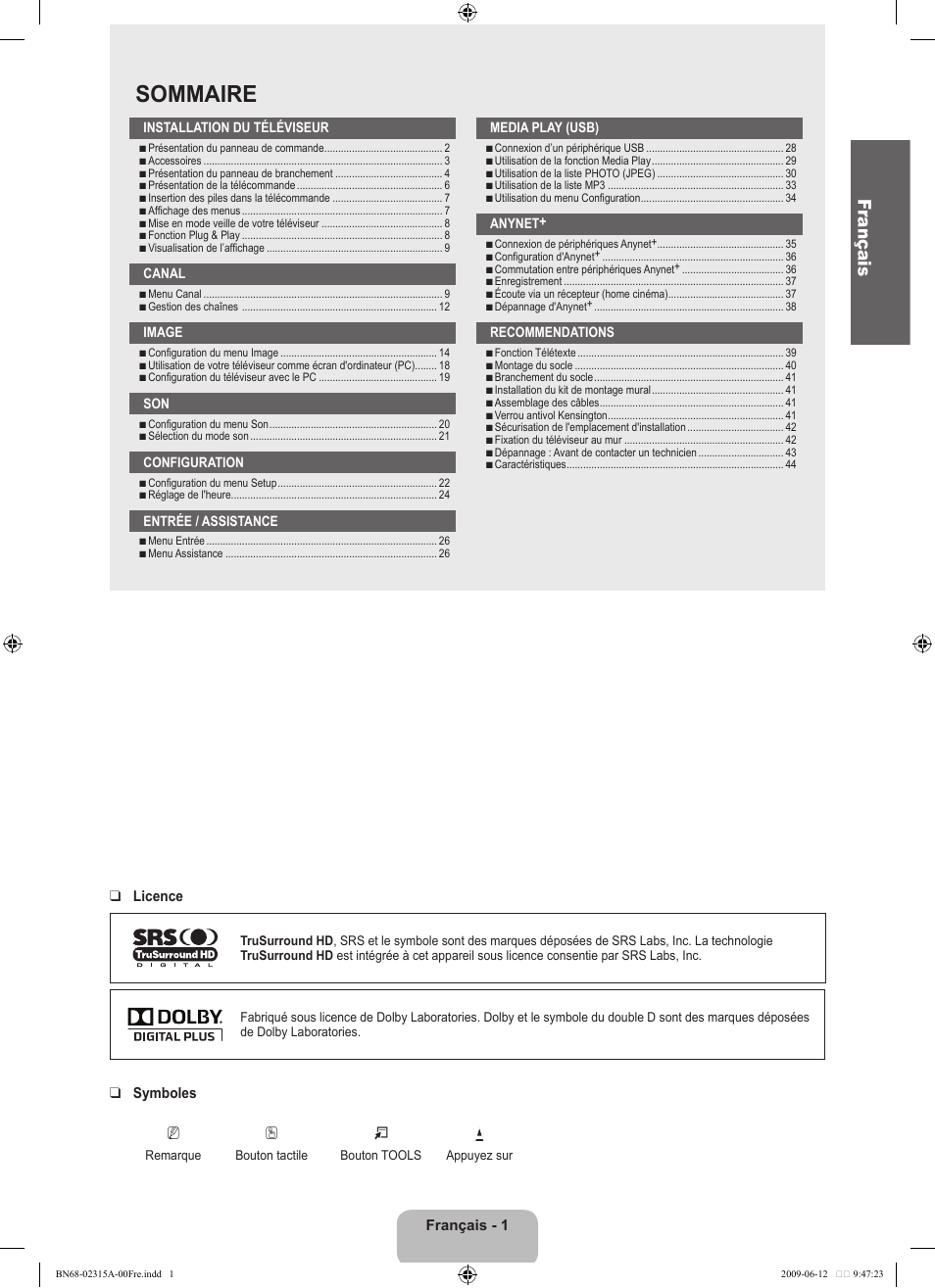 Sommaire, Fr ançais | Samsung LE32B553M3W User Manual | Page 49 / 422