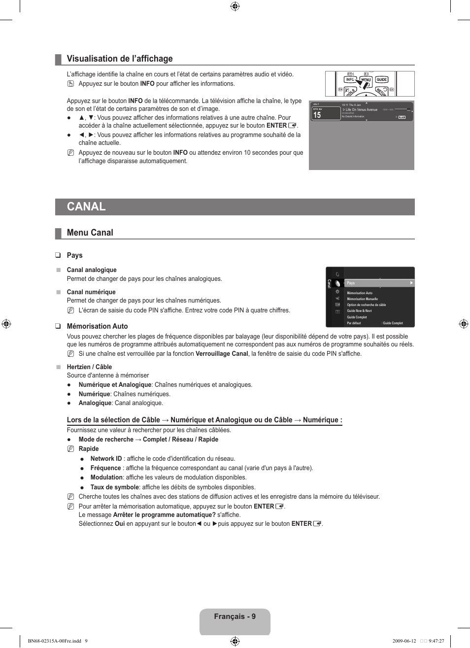 Canal, Visualisation de l’affichage, Menu canal | Samsung LE32B553M3W User Manual | Page 57 / 422