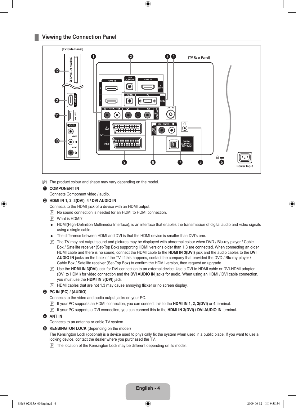Viewing the connection panel | Samsung LE32B553M3W User Manual | Page 6 / 422