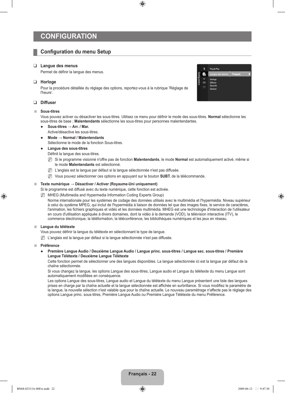Configuration, Configuration du menu setup | Samsung LE32B553M3W User Manual | Page 70 / 422