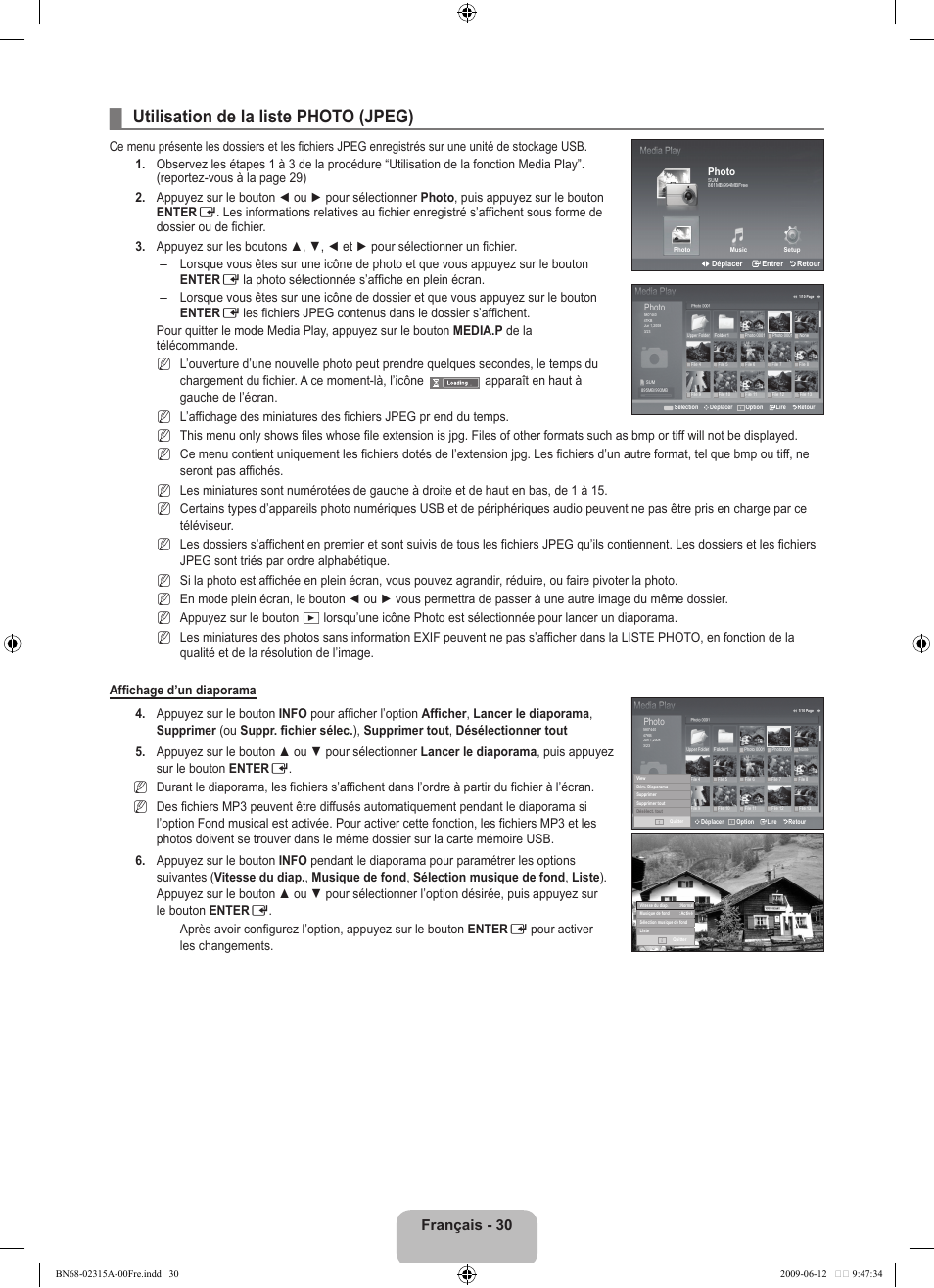 Utilisation de la liste photo (jpeg), Français - 30 | Samsung LE32B553M3W User Manual | Page 78 / 422