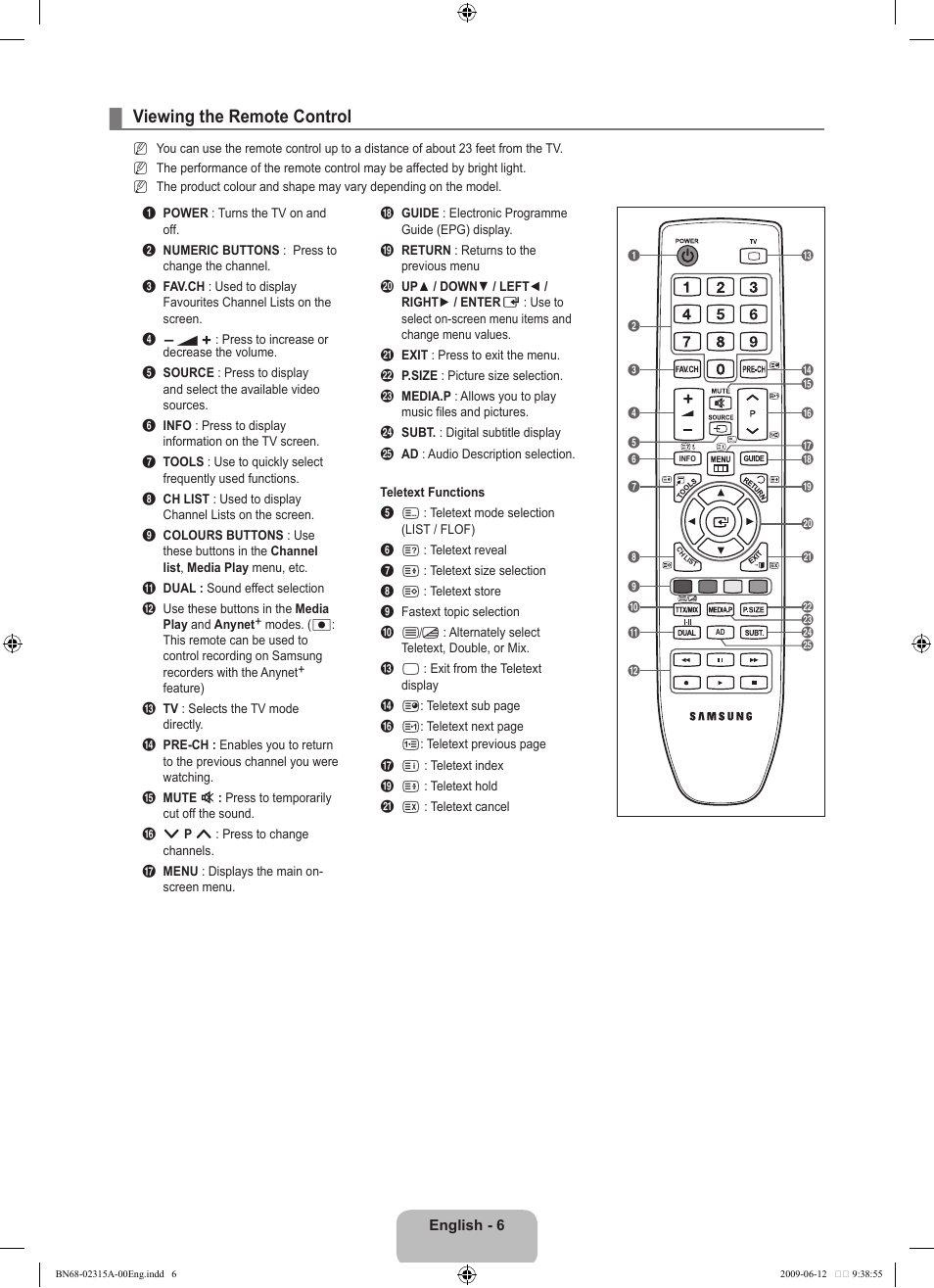 Viewing the remote control | Samsung LE32B553M3W User Manual | Page 8 / 422