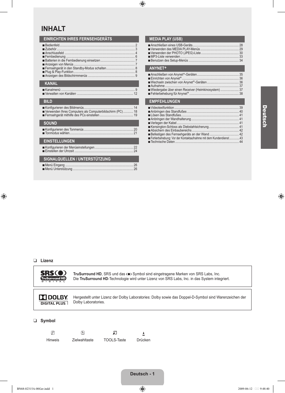 Inhalt, Deutsc h | Samsung LE32B553M3W User Manual | Page 95 / 422